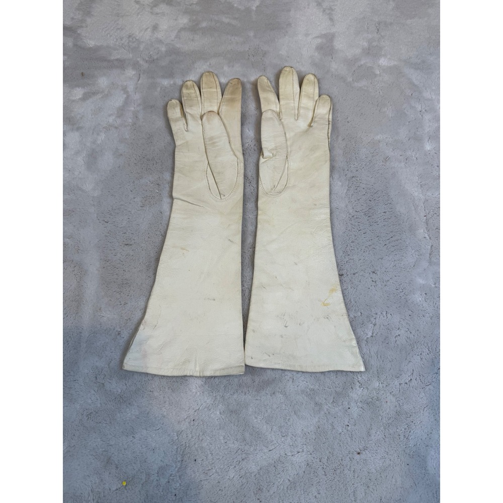 Vintage Cream Leather Opera Gloves Long Evening Gauntlet Size 6 Off White